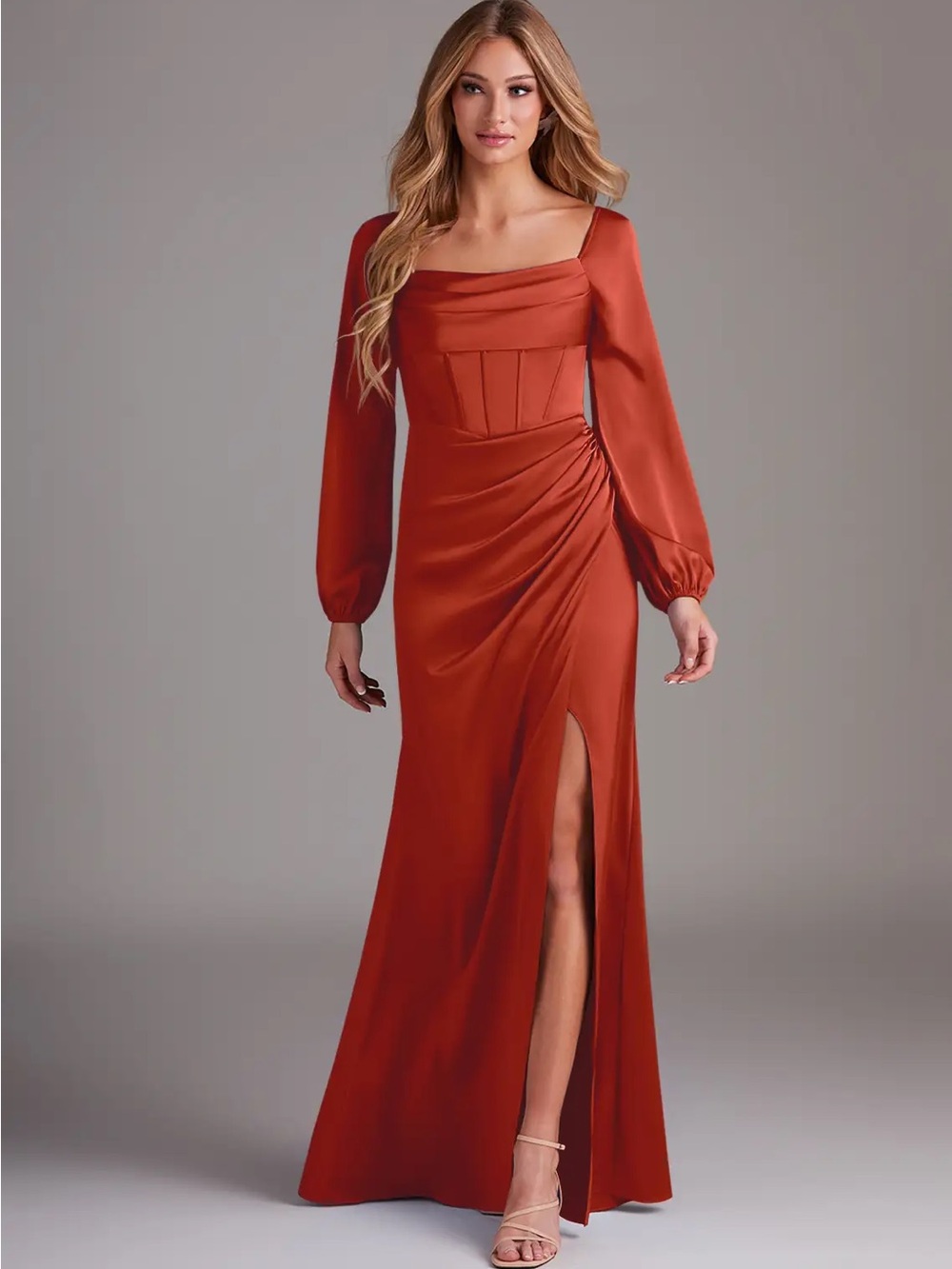 Azazie Rust Satin Long-Sleeve Maxi Dress with Side Slit